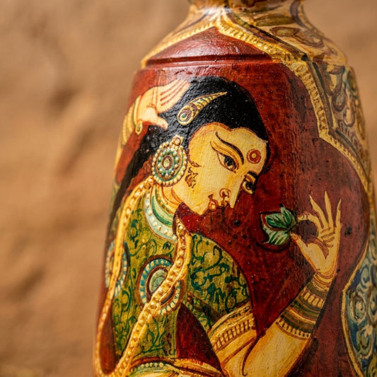Hand Painted Terracotta Vase - Jain Art Inspired Painting (Lady Holding Flower - 12 Inch)