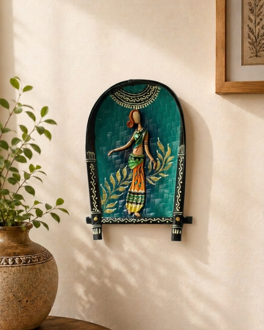 Handmade Bamboo Kulo Soop (Multi Coloured Wall Hanging : Green with a Standing Lady)