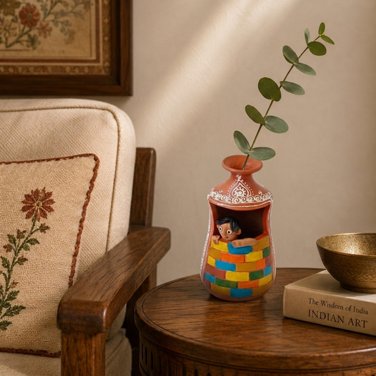 Window Pottery With Boy scupture (slight variations in design may occur due to the handmade nature of the product)