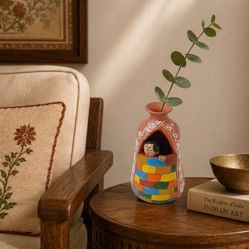 Window Pottery With Boy scupture (slight variations in design may occur due to the handmade nature of the product)