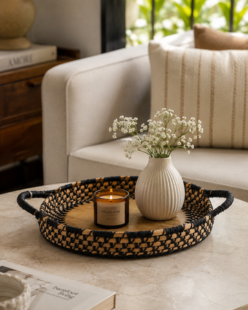 Hand Woven Pine Tray with Wooden Base