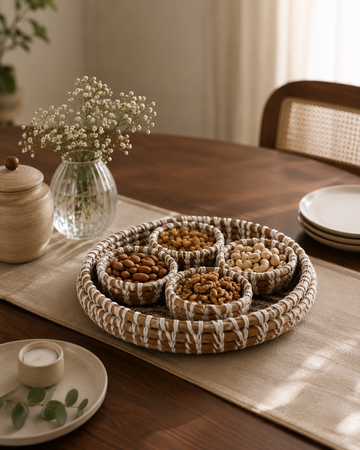 Hand Woven Pine Dry Fruit Tray With Four Bowls