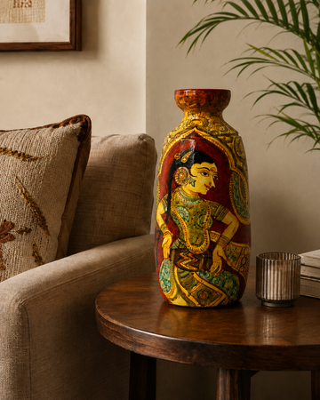 Hand Painted Terracotta Vase - Jain Art Inspired Painting (Lady Playing Dholak - 12 Inch)