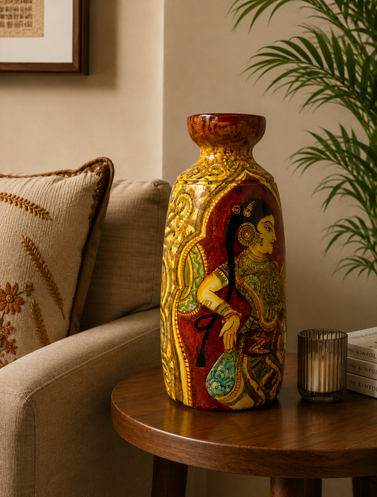 Hand Painted Terracotta Vase - Jain Art Inspired Painting (Lady Playing Dholak - 12 Inch)