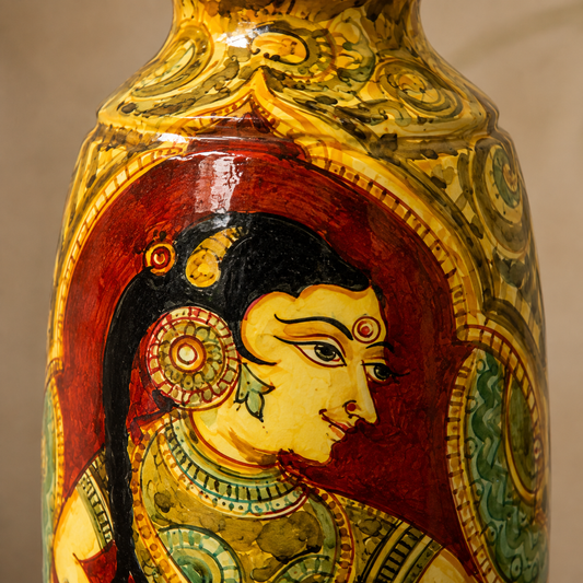 Hand Painted Terracotta Vase - Jain Art Inspired Painting (Lady Playing Dholak - 12 Inch)