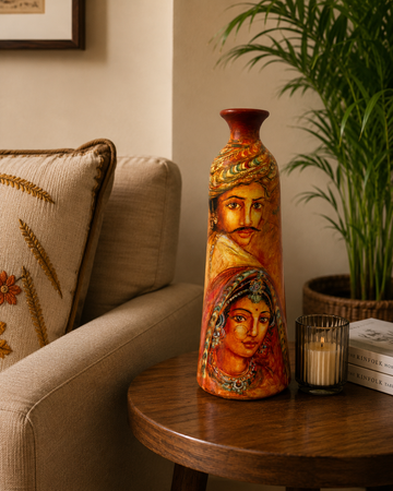 Hand-Painted Terracotta Vase (Rajasthani Themed Faces) -10 Inches
