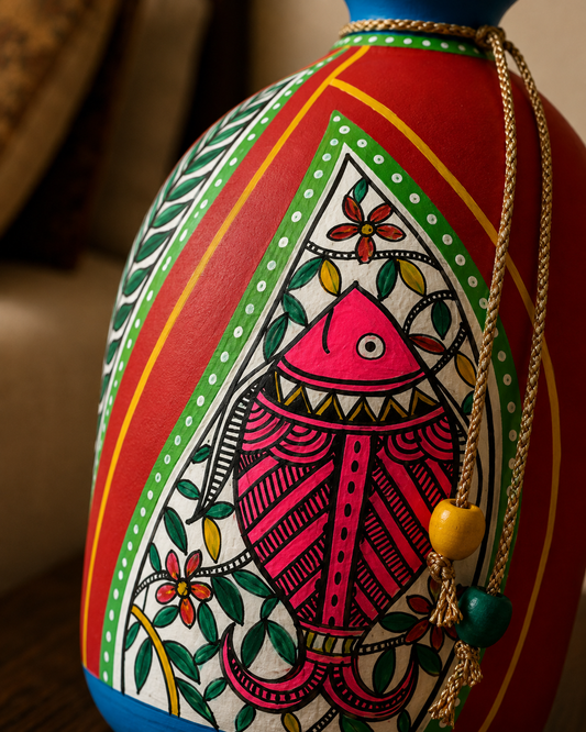 Hand Painted Madhubani Art Terracotta Vase - Matte Finish (9 Inch)