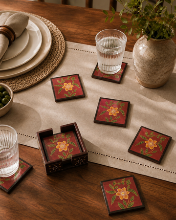 Hand-Painted Floral Blossom Coaster Set of 6
