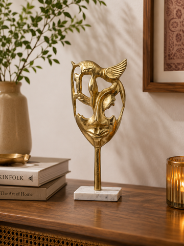 Luxury Venetian Hollow Brass Mask Sculpture on Marble Base