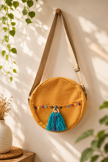 Handcrafted Round Jute Sling Bag with Tassel & Colorful Bead Accents – Eco-Friendly Crossbody Bag