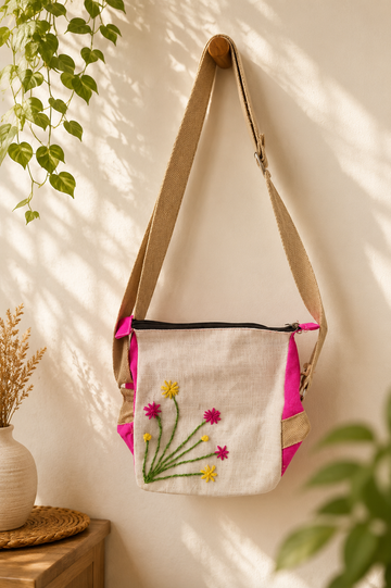Handcrafted Floral Jute Sling Bag – Eco-Friendly Crossbody Bag with Embroidered Wildflower Design