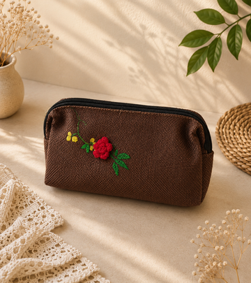 Handmade Brown Jute Cosmetic Pouch with Crochet Red Flower – Eco-Friendly Multipurpose Zip Bag