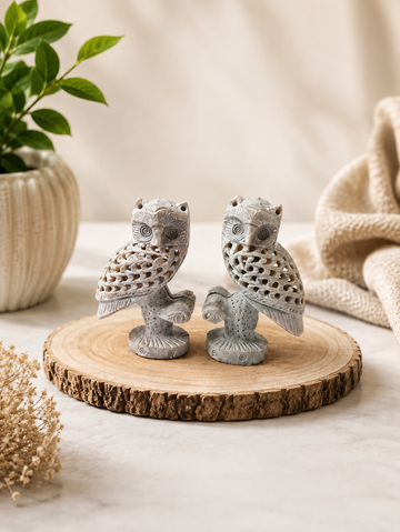 Hand-Carved Jali Work Owl Showpiece Set of 2