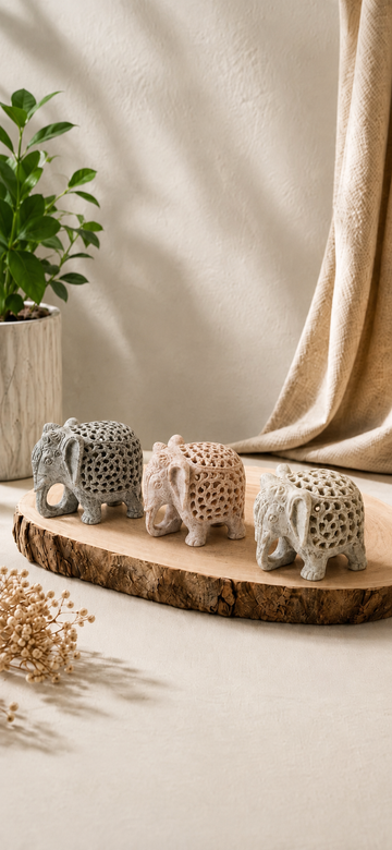 Hand-Craved Jali Work Elephant Set of 3