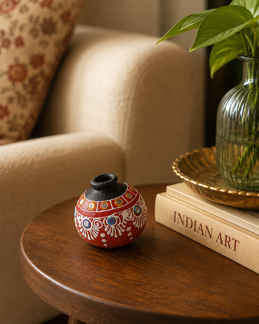 Lippan Art With Glass Work Terracotta Circle Tilted Mini Pottery (Multi-Coloured)