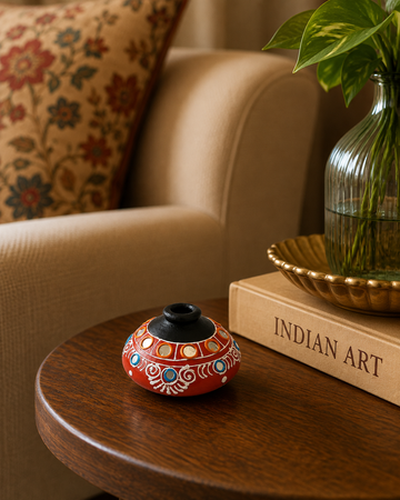 Lippan Art With Glass Work Terracotta Oval Shaped Mini Pottery (Multi-Coloured)