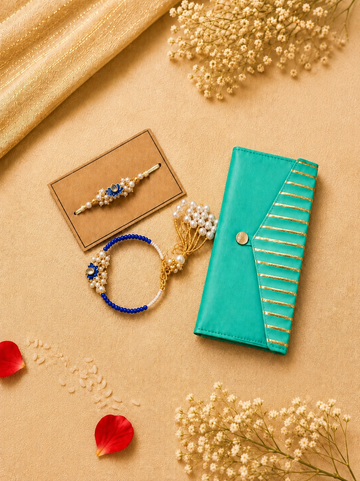 Pearl Bhaiya-Bhabhi Rakhi with Shagun Raw silk Envelope Set