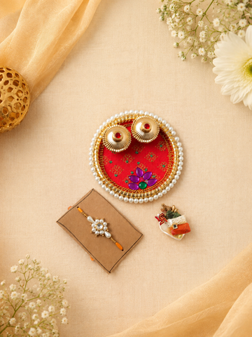 Pearl Rakhi with Haldi Kumkum Platter Set