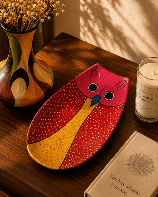 Wooden Hand Painted Owl Pattachitra - Tray (Multi-Colour)