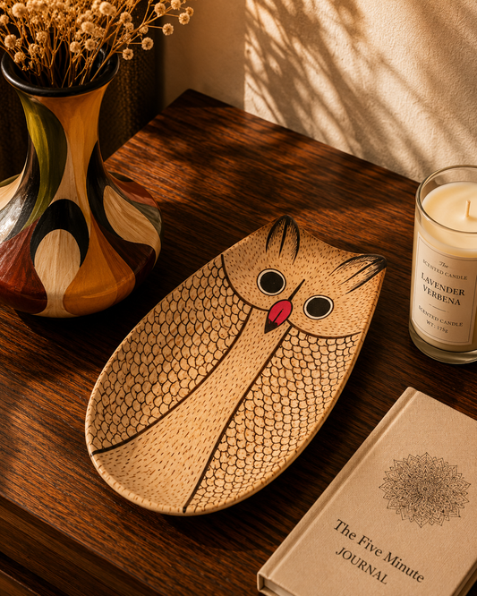 Wooden Hand Painted Owl Pattachitra - Tray (Natural Look)