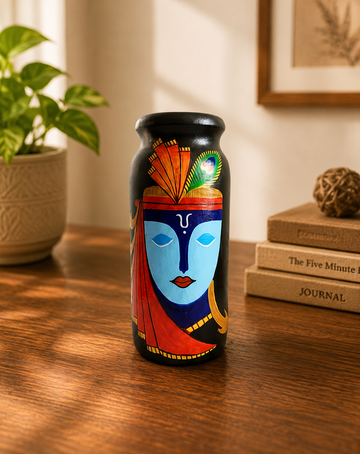 Black Wooden Hand-Painted Krishna Art Vase
