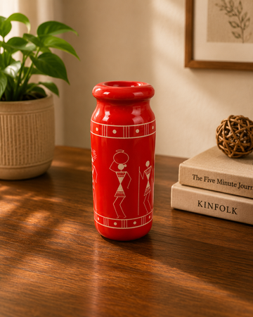 Wooden Hand-Painted Warli Art Vase