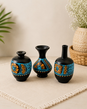 Miniature Pottery Set of 3 - Mandala Art (Black & Blue)