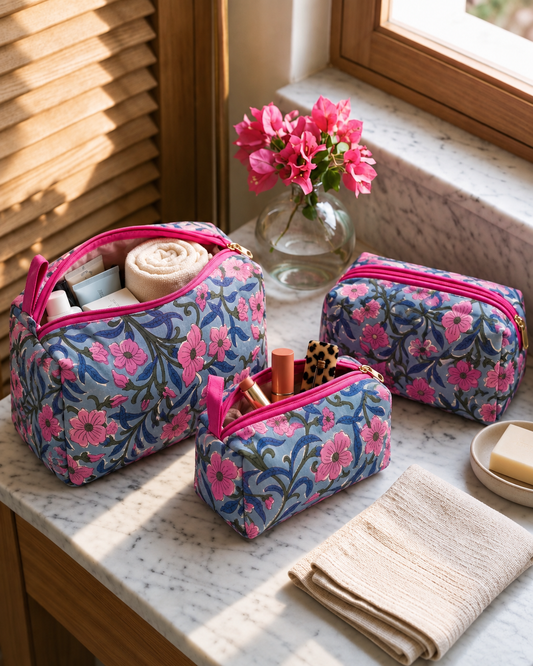 Neel Bagh – Set of 3 Cotton Vanity Pouches