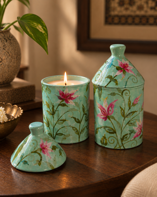 Velora Bloom — Hand-Painted Floral Clay Candle with Lid