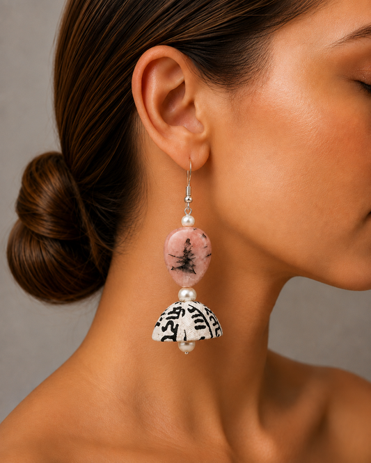 Fabric with Pink Stone Jhumka Earrings - Multiple Designs [KFLB196]