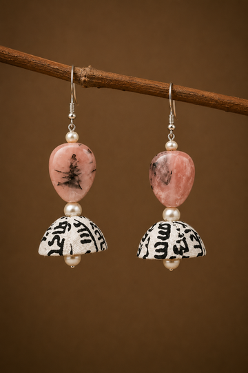 Fabric with Pink Stone Jhumka Earrings - Multiple Designs [KFLB196]
