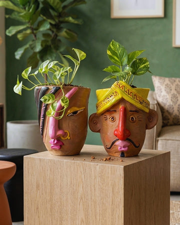 Handcrafted Terracotta Traditional Man & Woman Face Planter Pair (Set of 2)