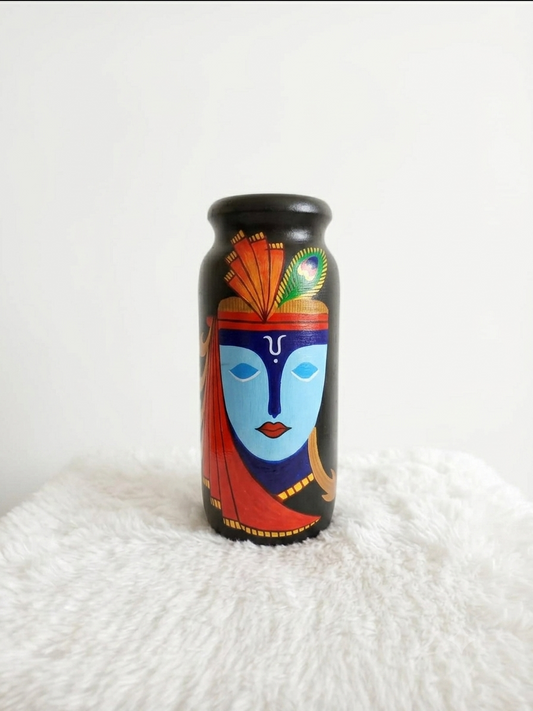 Black Wooden Hand-Painted Krishna Art Vase