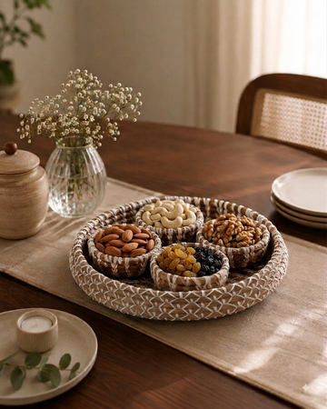 Hand Woven Dry Fruit Pine Tray With Four Bowls