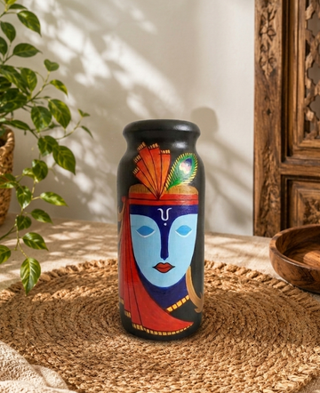 Black Wooden Hand-Painted Krishna Art Vase