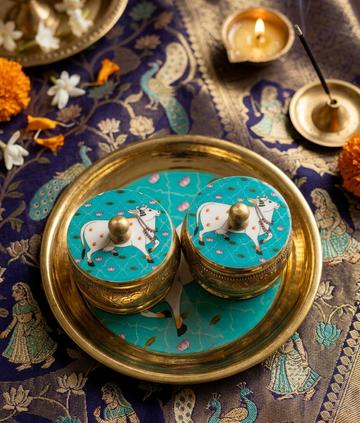 Brass Haldi kumkum plate (Blue)