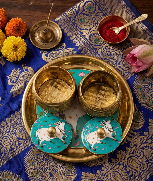 Brass Haldi kumkum plate (Blue)