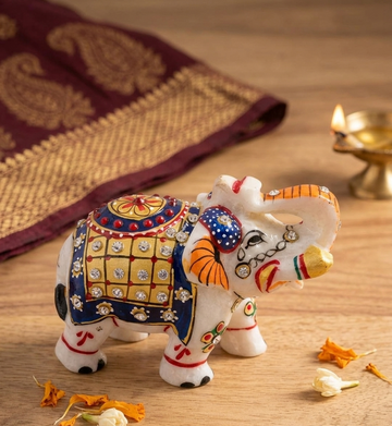 White Marble Kundan Work Elephant Statue