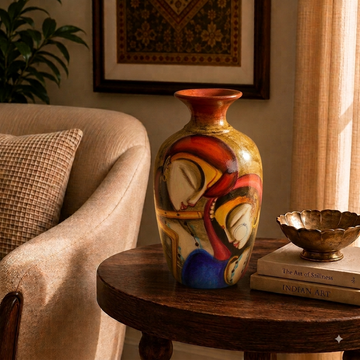 Madhuban - Hand Painted Terracotta Vase ( Radha Krishna Abstract Painting - 13 Inch)