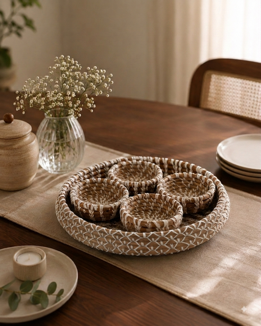 Hand Woven Dry Fruit Pine Tray With Four Bowls