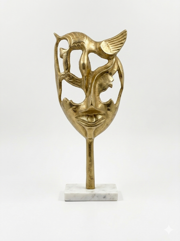 Luxury Venetian Hollow Brass Mask Sculpture on Marble Base