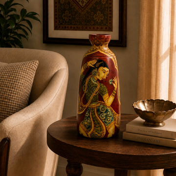 Hand Painted Terracotta Vase - Jain Art Inspired Painting (Lady Holding Flower - 12 Inch)