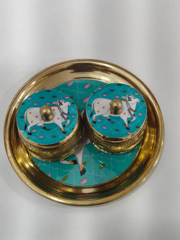 Brass Haldi kumkum plate (Blue)