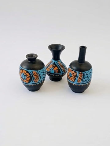 Miniature Pottery Set of 3 - Mandala Art (Black & Blue)