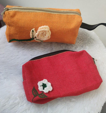 Handcrafted Jute Zipper Pouch with Crochet Flower – Multipurpose Organizer
