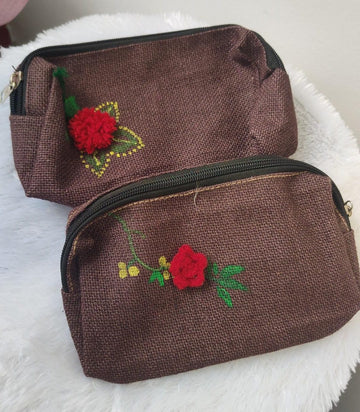 Handmade Brown Jute Cosmetic Pouch with Crochet Red Flower – Eco-Friendly Multipurpose Zip Bag