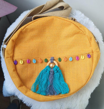 Handcrafted Round Jute Sling Bag with Tassel & Colorful Bead Accents – Eco-Friendly Crossbody Bag