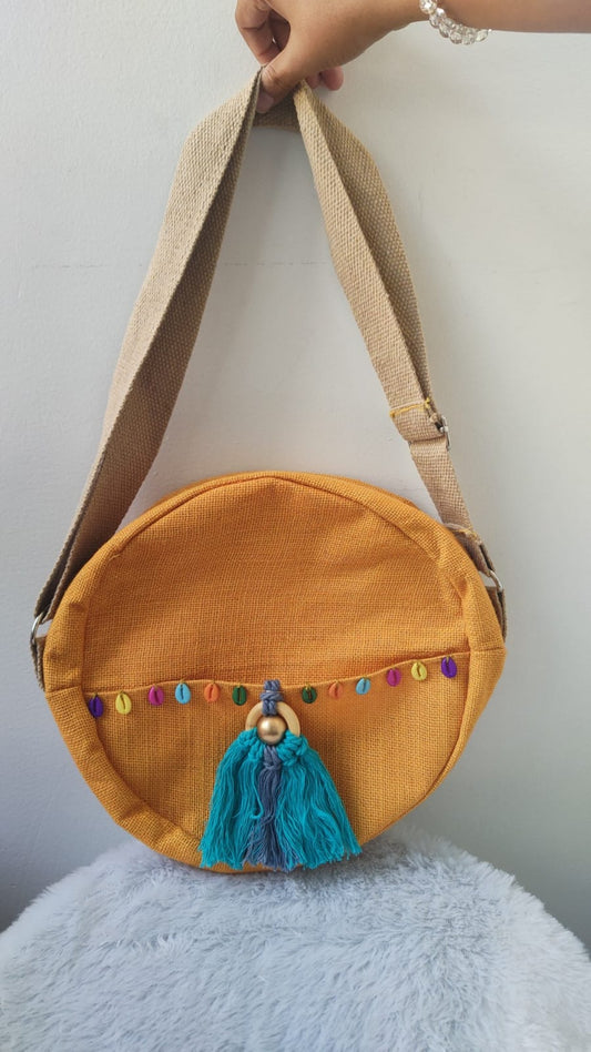 Handcrafted Round Jute Sling Bag with Tassel & Colorful Bead Accents – Eco-Friendly Crossbody Bag