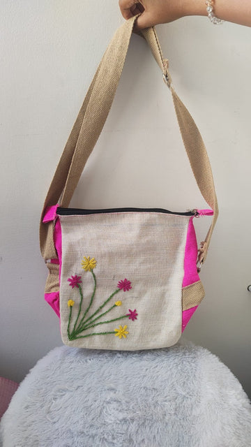 Handcrafted Floral Jute Sling Bag – Eco-Friendly Crossbody Bag with Embroidered Wildflower Design