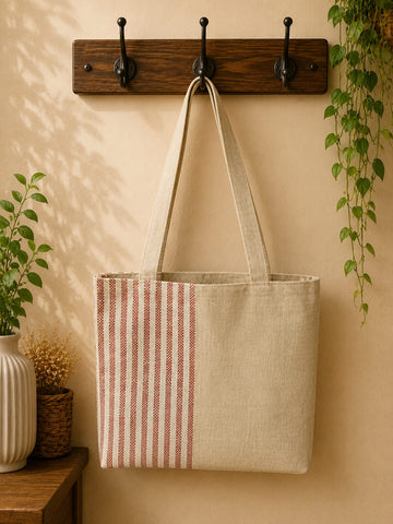 Half-Striped Canvas Design Jute Tote Bag